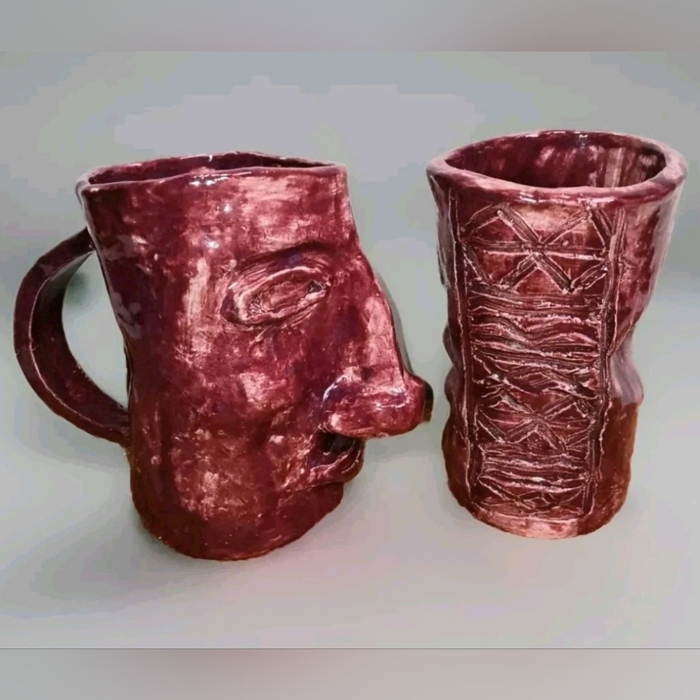 Vintage Brutalist Face Mug And Tumbler Set Studio Art Pottery Clay 3D Drip Glaze